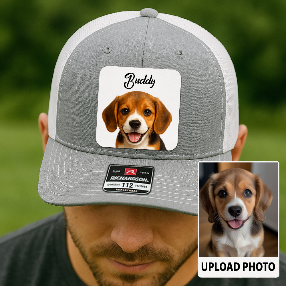 Custom Dog Trucker Cap – Personalized Leather Patch Hat with Printed Pet Face – Gift for Him TH9915