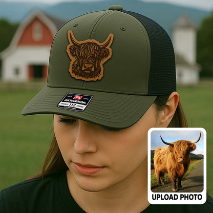 Personalized Highland Cow Photo Leather Patch Hat | Custom Farm Trucker Hat | Gift For Farm Lover THUC99