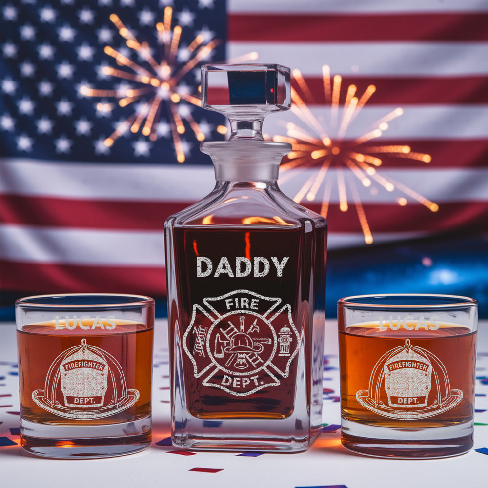 Firefighter Dad Whiskey Decanter Set, Personalized Name Glass Gift for Dad