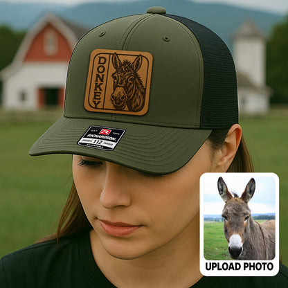 Personalized Donkey Photo Leather Patch Hat | Custom Farm Photo Trucker Hat | Farm Leather Patch Hat THUC99