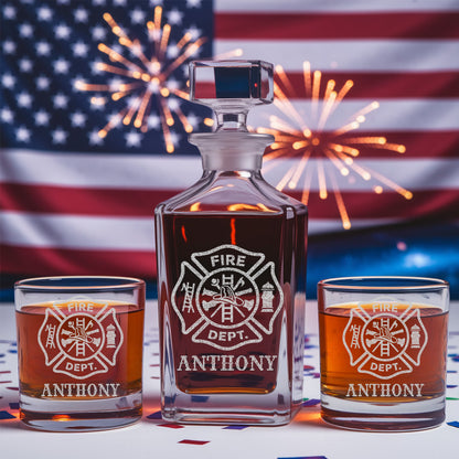 Personalized Firefighter Decanter Set – Custom Name Whiskey Bottle & Glasses Gift
