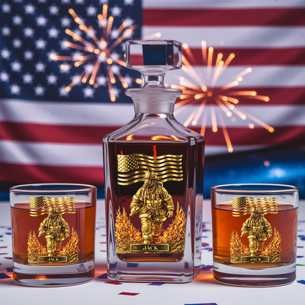 Personalized Firefighter Decanter Set – Gold Fireman & American Flag Custom Whiskey Gift