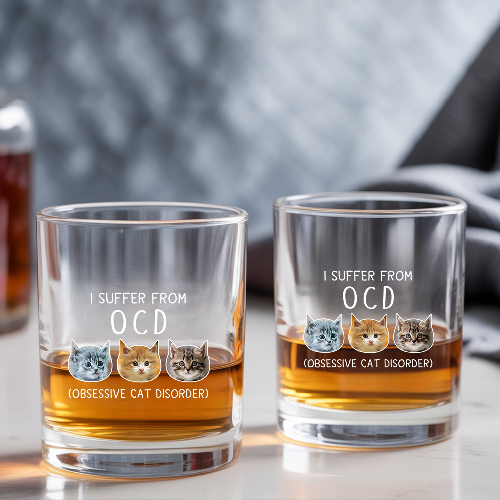 Custom Cat Photo I Suffer From Obsessive Cat Disorder Whiskey Glass And Decanter Set | Personalized Cat Photo | Pet Lover Gift