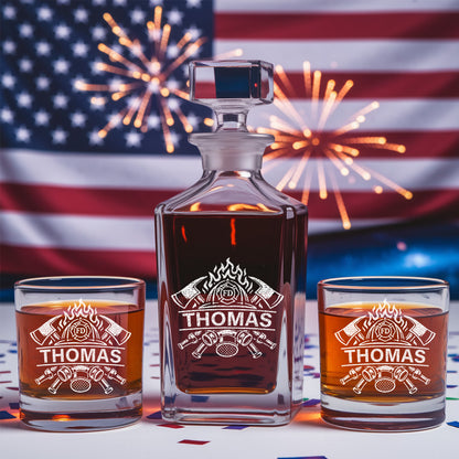 Engraved Firefighter Whiskey Set, Custom Name Decanter & Glass Gift for Heroes