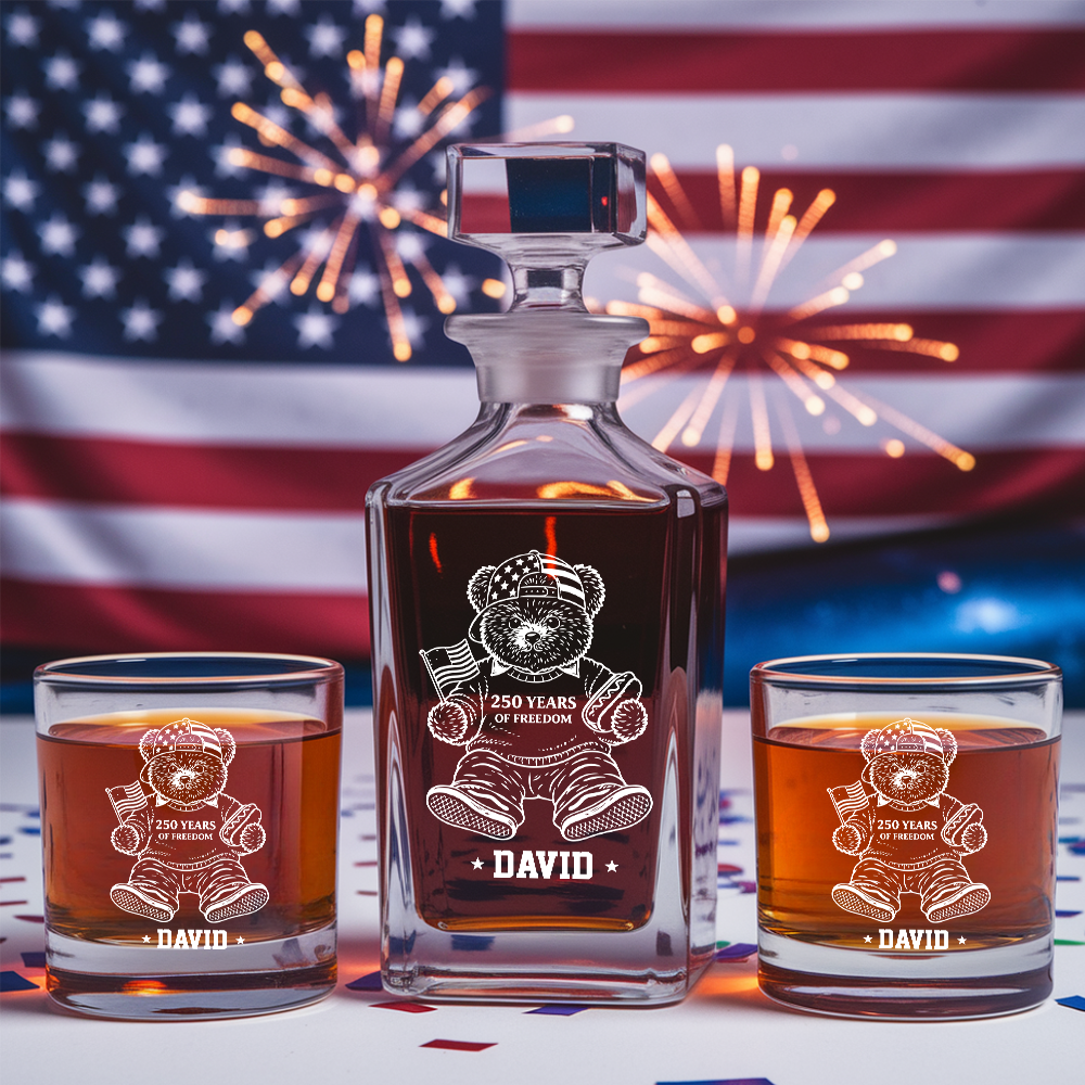 Personalized America 250 Years Engraved Whiskey Decanter Set, Patriotic Teddy Bear Gift 1776–2026 THUC99