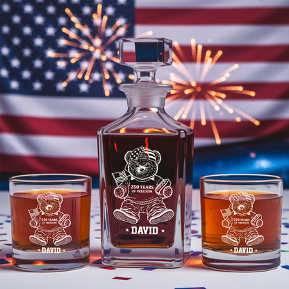 Personalized America 250 Years Engraved Whiskey Decanter Set, Patriotic Teddy Bear Gift 1776–2026 THUC99