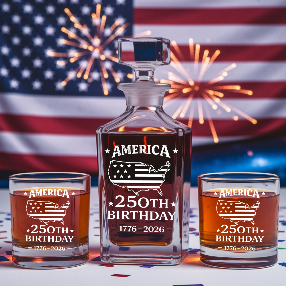 America 250th Birthday Engraved Whiskey Decanter Set, Patriotic USA Map Gift 1776–2026 THUC99