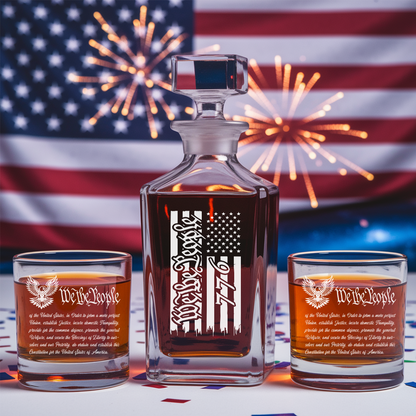 We The People America 250 Years Engraved Whiskey Decanter Set, Patriotic USA Bourbon Gift THUC99