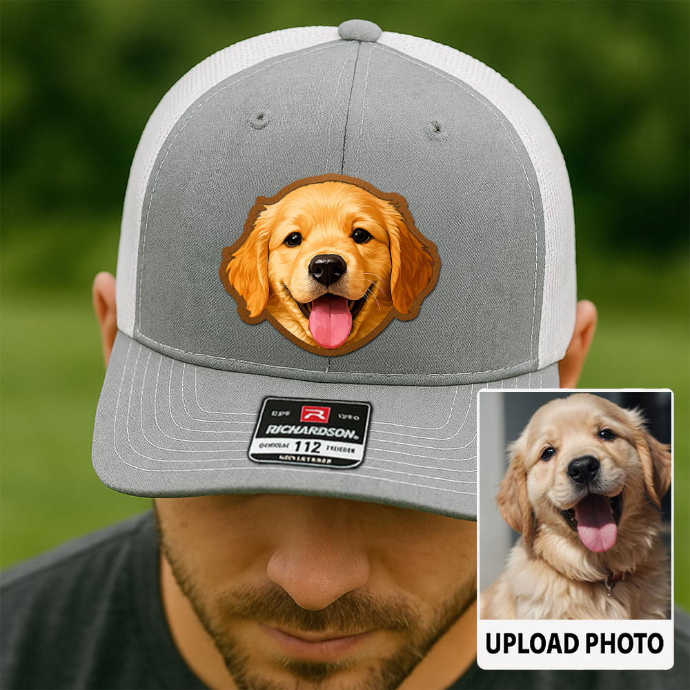 Custom Pet Photo Trucker Hat – Personalized Printed Leather Patch Hat – Dog Dad Gift – Custom Pet Memorial Hat – Pet Photo Printed on Leather Cap TH991