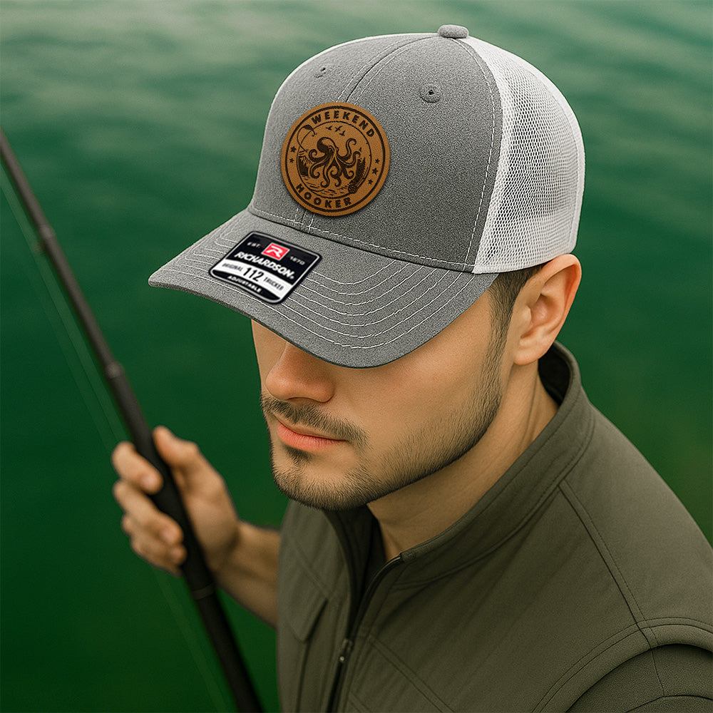 Personalized Fishing Trucker Hat – Custom Leather Patch Hat with Fish Design – Gift for Dad, Husband, or Grandpa THUC99MF02