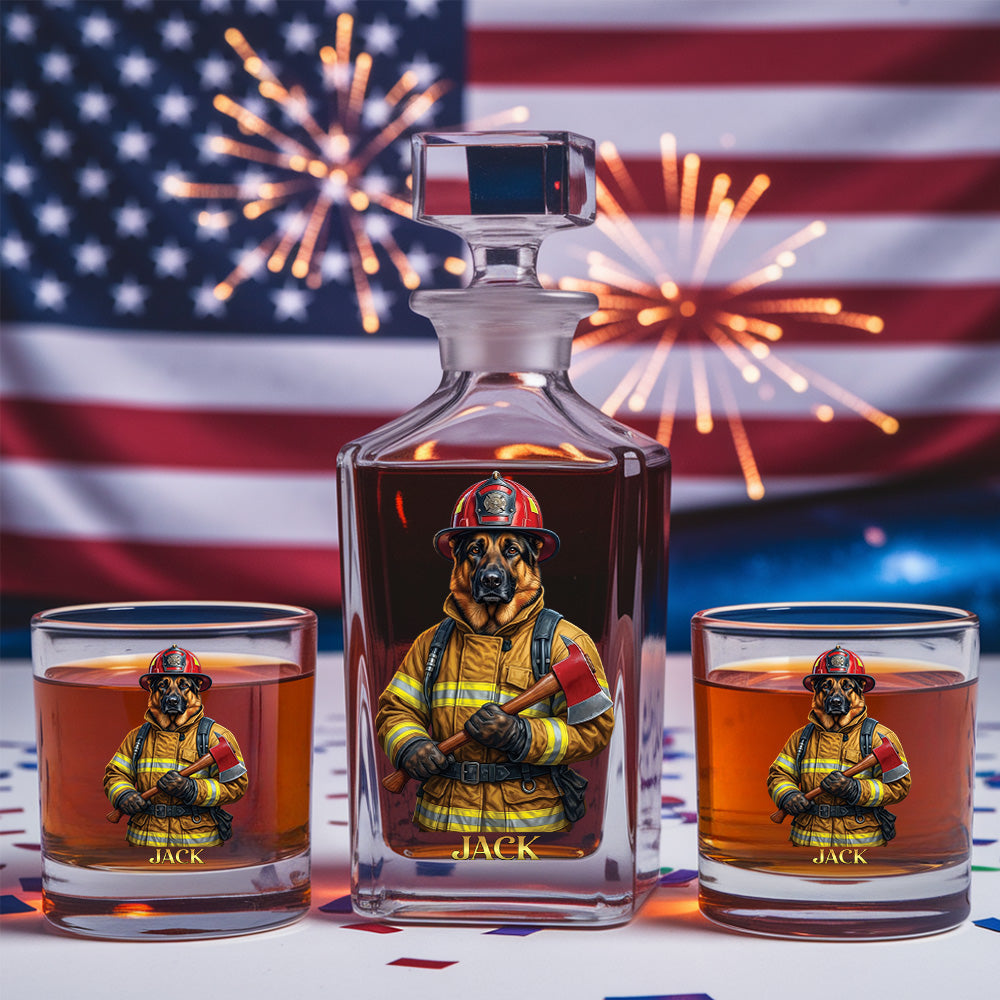 Personalized Firefighter Dog Decanter Set – Custom Printed Whiskey Gift