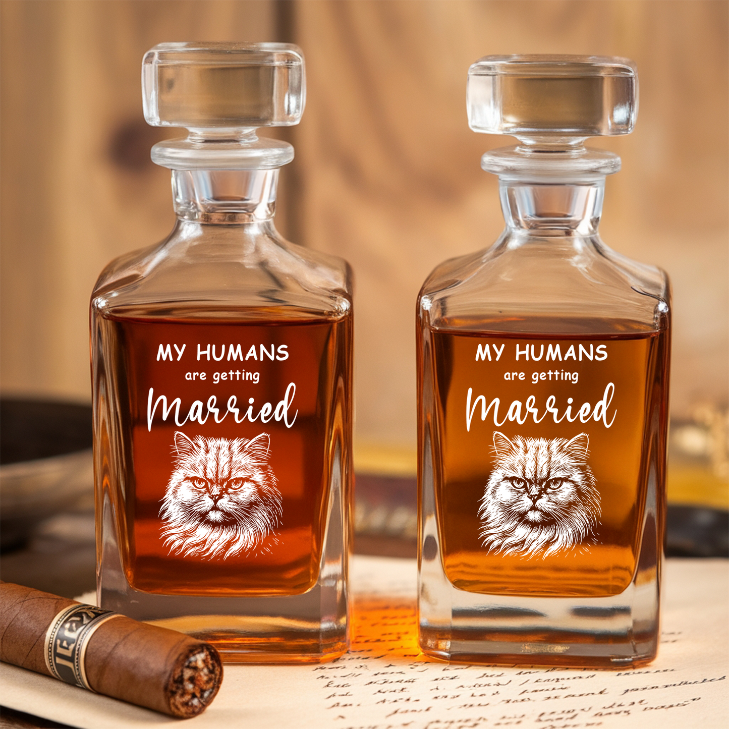 Custom Cat Photo Whiskey Glass And Decanter Set | Personalized My Humans Are Getting Married Decanter | Gift For Cat Lover | Pet Memorial Gift TNN04