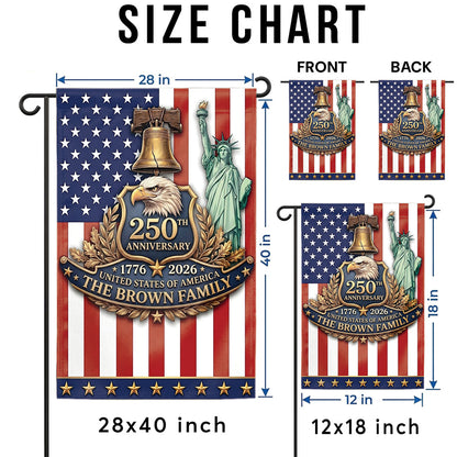 Personalized USA 250th Anniversary 4th of July Flag 1776-2026, Custom Name Patriotic American Garden Flag, Independence Day Outdoor Decor