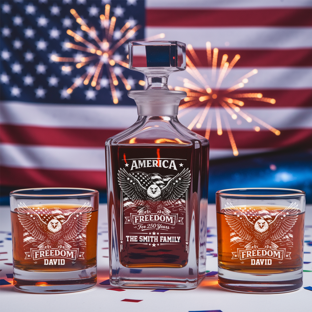 America Freedom 250 Years Engraved Whiskey Decanter Set, Personalized Patriotic Eagle Gift THUC99
