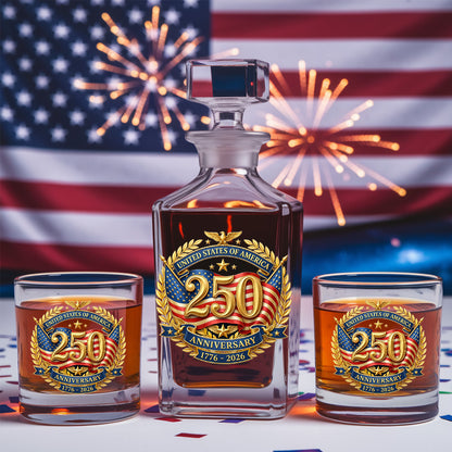 250 Years USA Whiskey Decanter Set 1776-2026, Patriotic Independence Day Gift THUC99