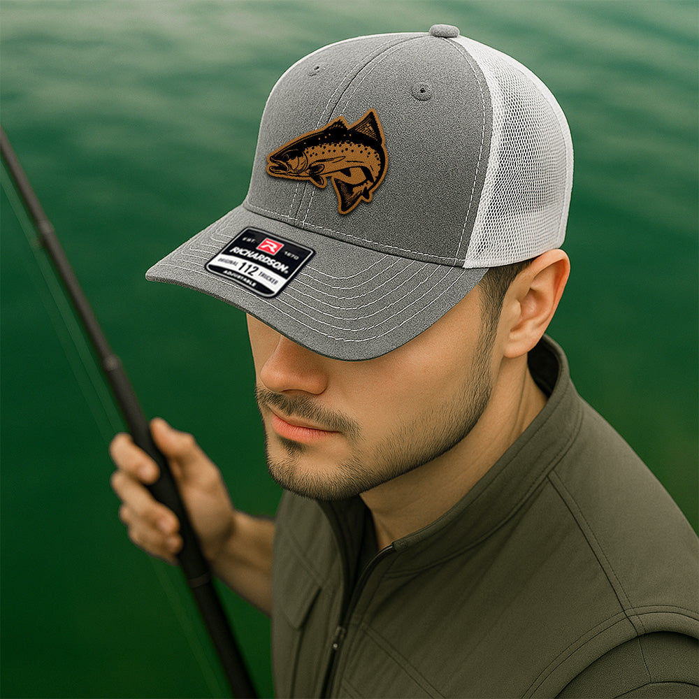 Custom Fishing Trucker Hat – Personalized Leather Patch Gift for Fishermen and Dads THUC99MF30