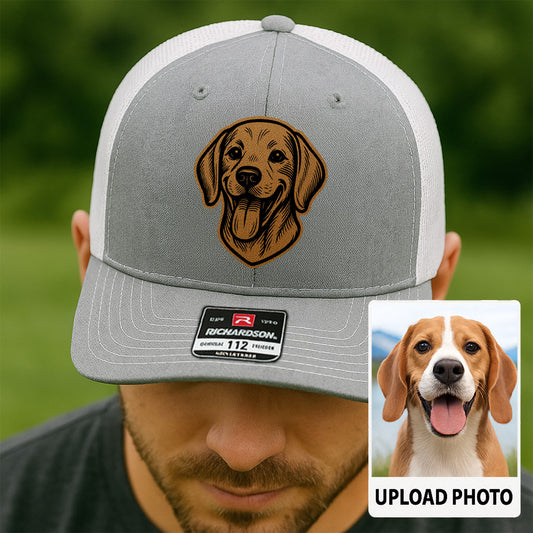 Custom Pet Photo Trucker Hat – Personalized Leather Patch Hat – Dog Portrait Gift – Custom Pet Face Hat P99A10