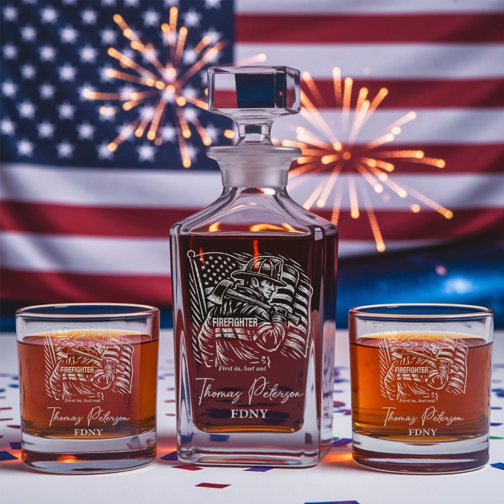 Custom Firefighter Decanter & Whiskey Glass Set, Engraved Name Gift for Firefighters