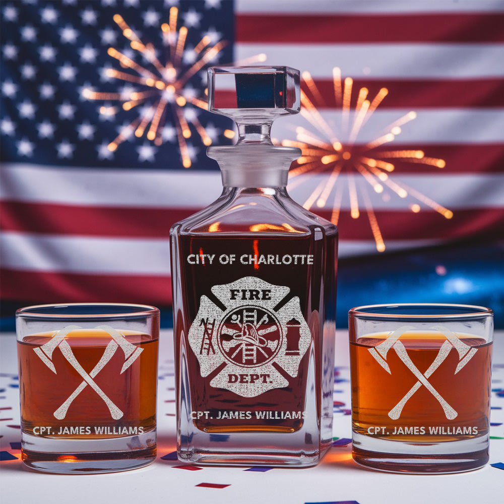 Custom Fire Department Whiskey Decanter Set, Engraved Name Firefighter Gift