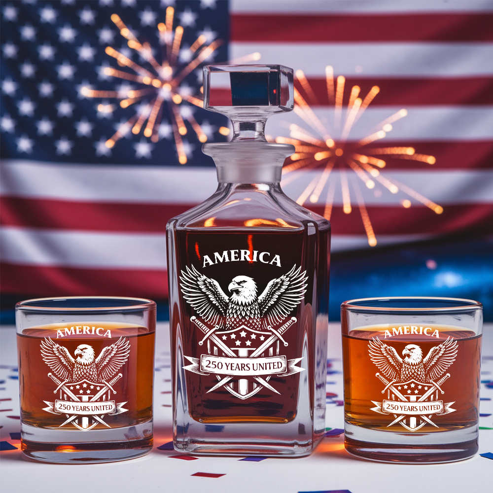 America 250 Years United Engraved Whiskey Decanter Set, Patriotic Eagle Bourbon Gift 1776–2026 THUC99