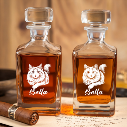 Custom Cat Photo Whiskey Glass And Decanter Set | Personalized Cat Photo Decanter | Gift For Cat Lover | Pet Memorial Gift TNN01