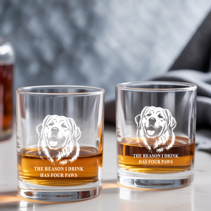 Custom Dog Photo The Reason I Drink Has Four Paws Whiskey Glass And Decanter Set | Personalized Dog Photo | Pet Lover Gift
