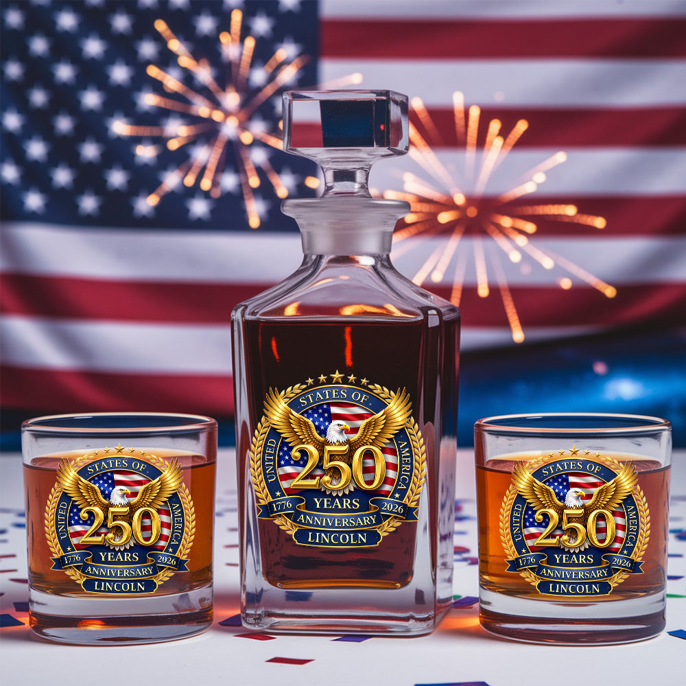 Custom Name 250 Years USA Whiskey Decanter Set, Patriotic Gift THUC99