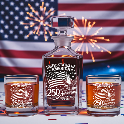 America 250th Anniversary Engraved Whiskey Decanter Set, Patriotic July 4 Gift THUC99