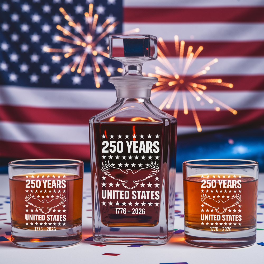 Eagle USA 250th Anniversary Engraved Whiskey Decanter Set, Personalized Patriotic Bourbon Gift THUC99
