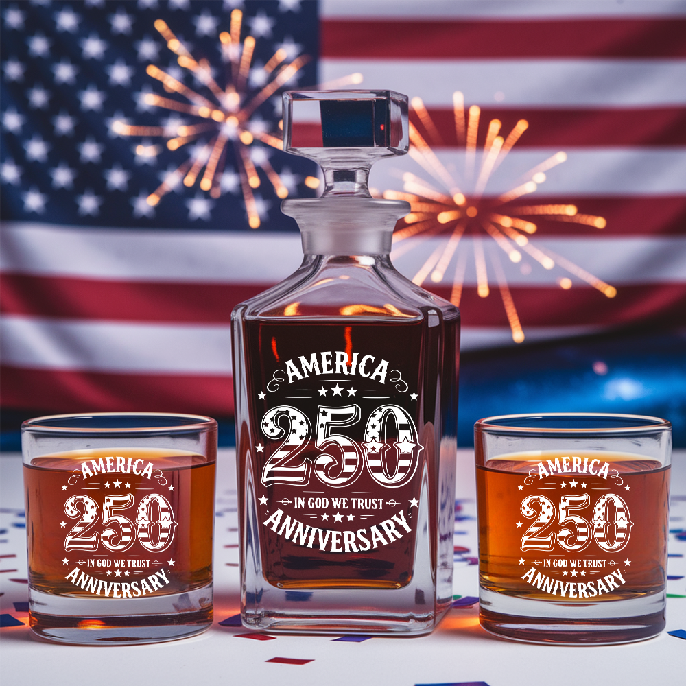 America 250 Years Anniversary Engraved Whiskey Decanter Set, Patriotic Bourbon Gift THUC99