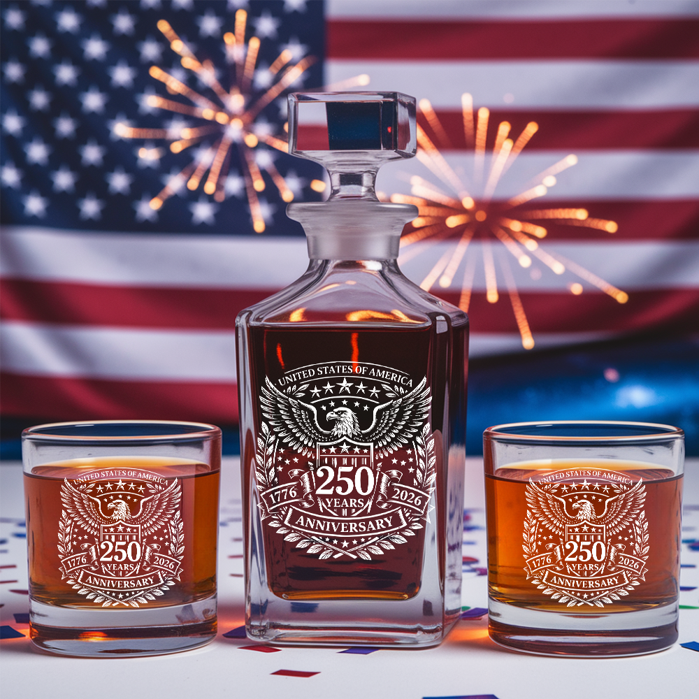 USA 250 Years Anniversary Engraved Whiskey Decanter Set, Patriotic Eagle Bourbon Glassware 1776–2026 THUC99
