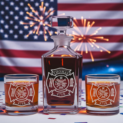 Personalized Firefighter Decanter Set – Custom Fire Dept Name & Number Engraved Whiskey Gift