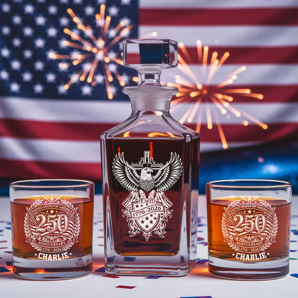Personalized USA 250th Anniversary Engraved Whiskey Decanter Set, Patriotic Eagle Bourbon Gift 1776–2026 THUC99
