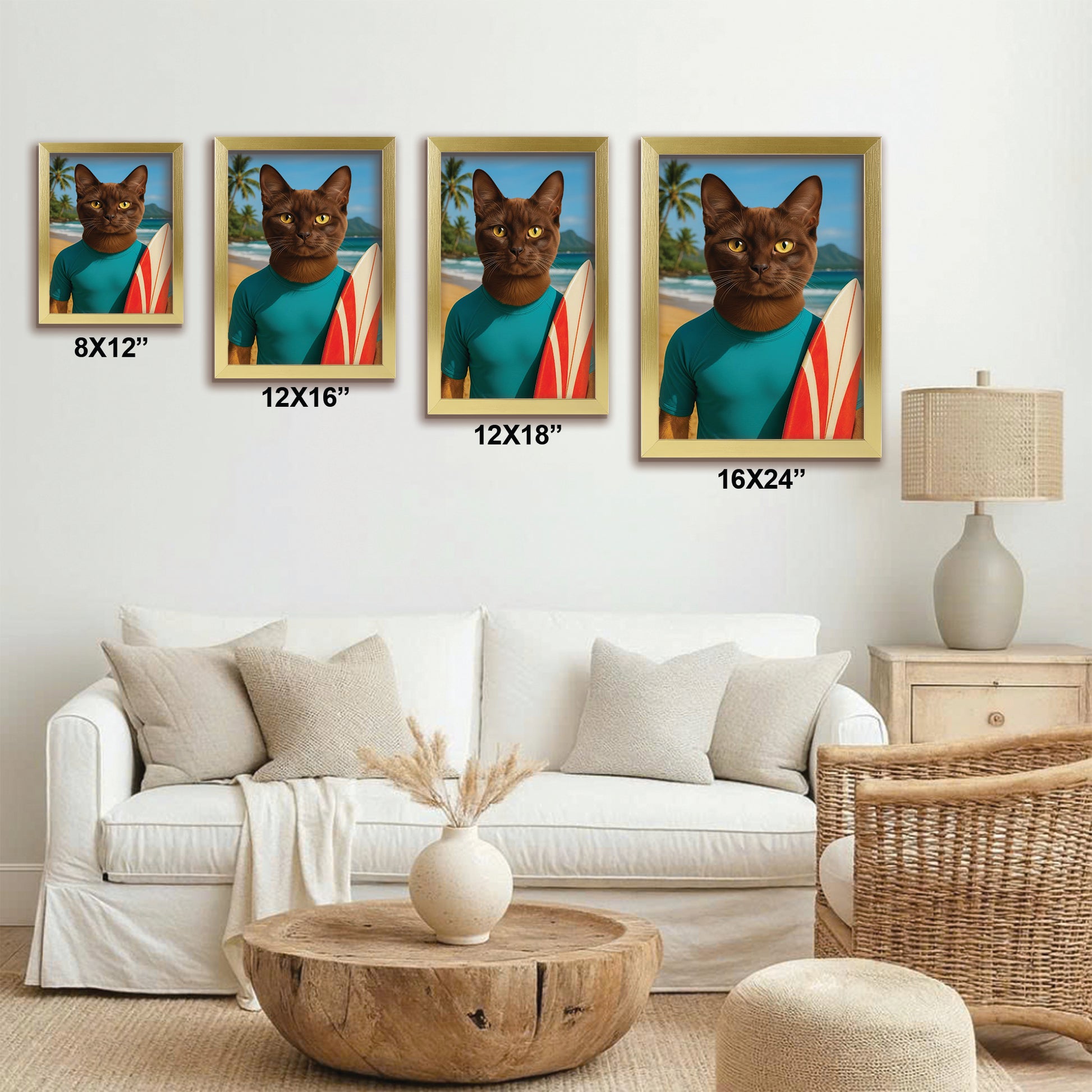 Custom Photo Surfer Beach Cat Canvas Framed Wall Art Gift For Cat Lovers