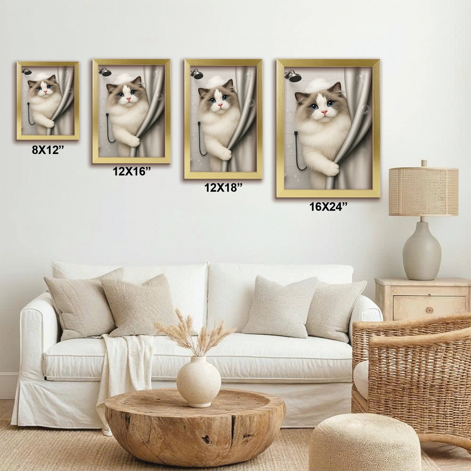 Custom Cat Photo Cat  In Bathroom Canvas Framed Wall Art Gift For Cat Lovers