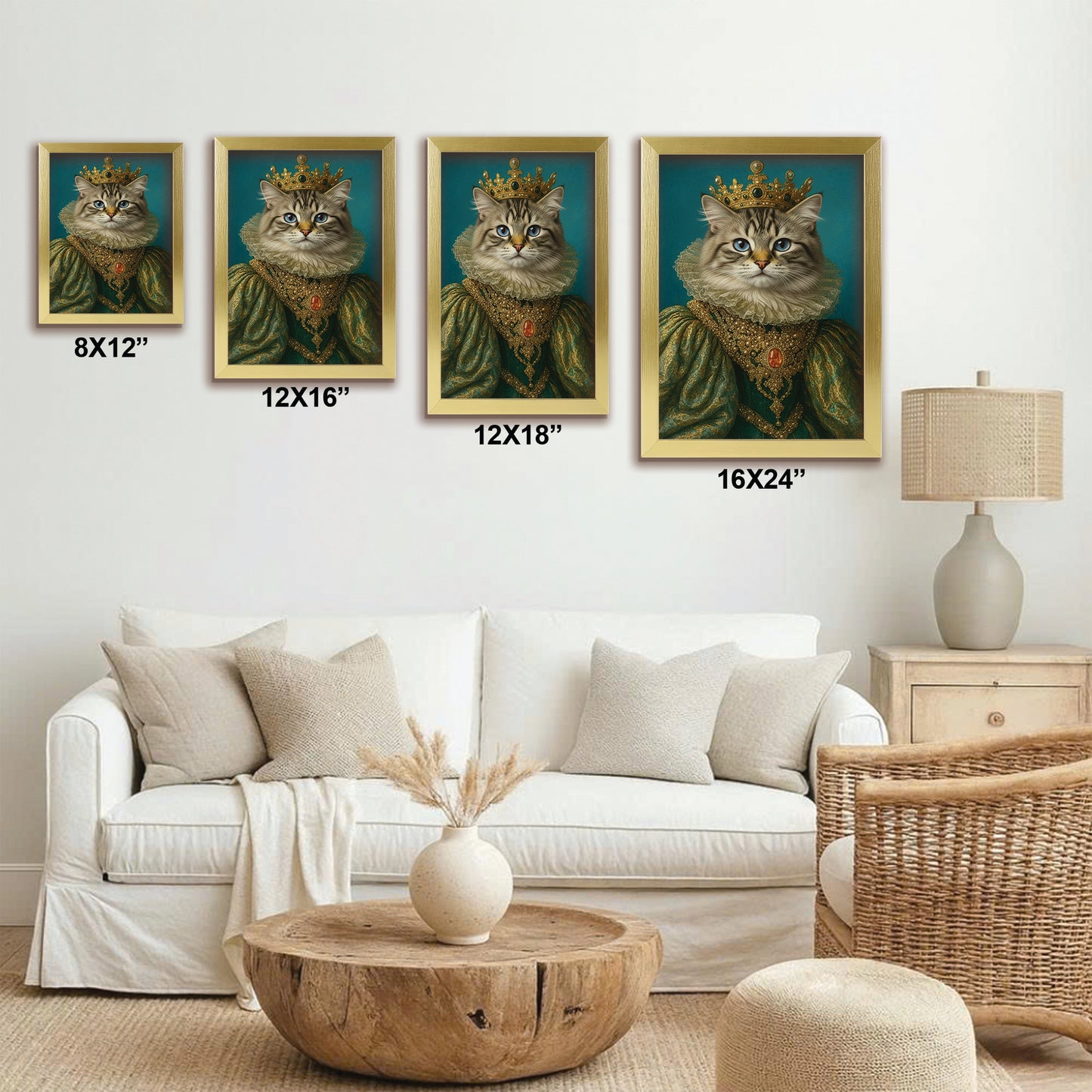 Custom Photo Potrait Royal Cat With Crown Canvas Framed Wall Art Gift For Cat Lovers