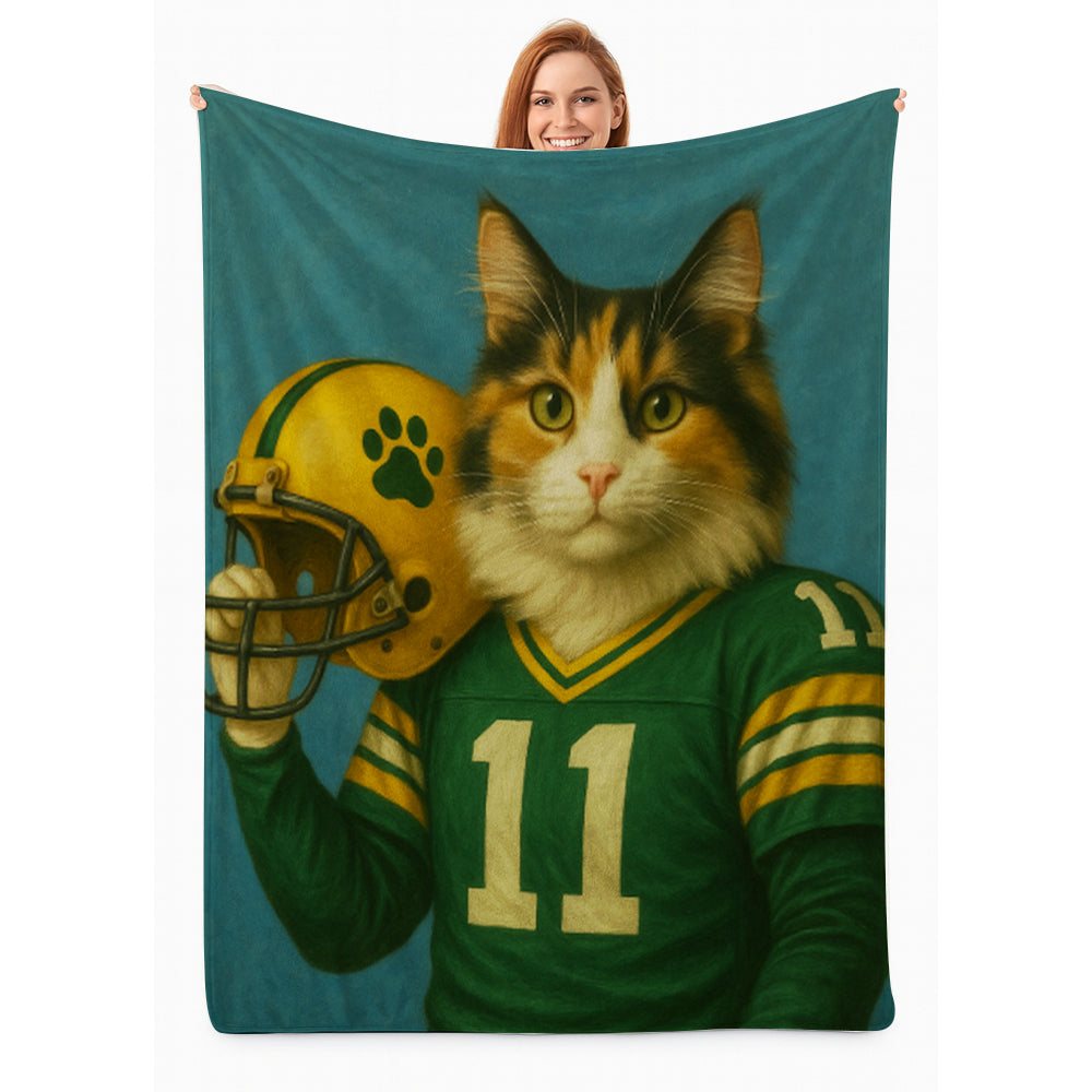 Custom Cat Photo Football Player Blanket