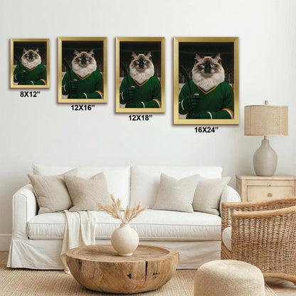 Custom Photo Hockey Player Cat Canvas Framed Wall Art  Gift For Cat Lovers