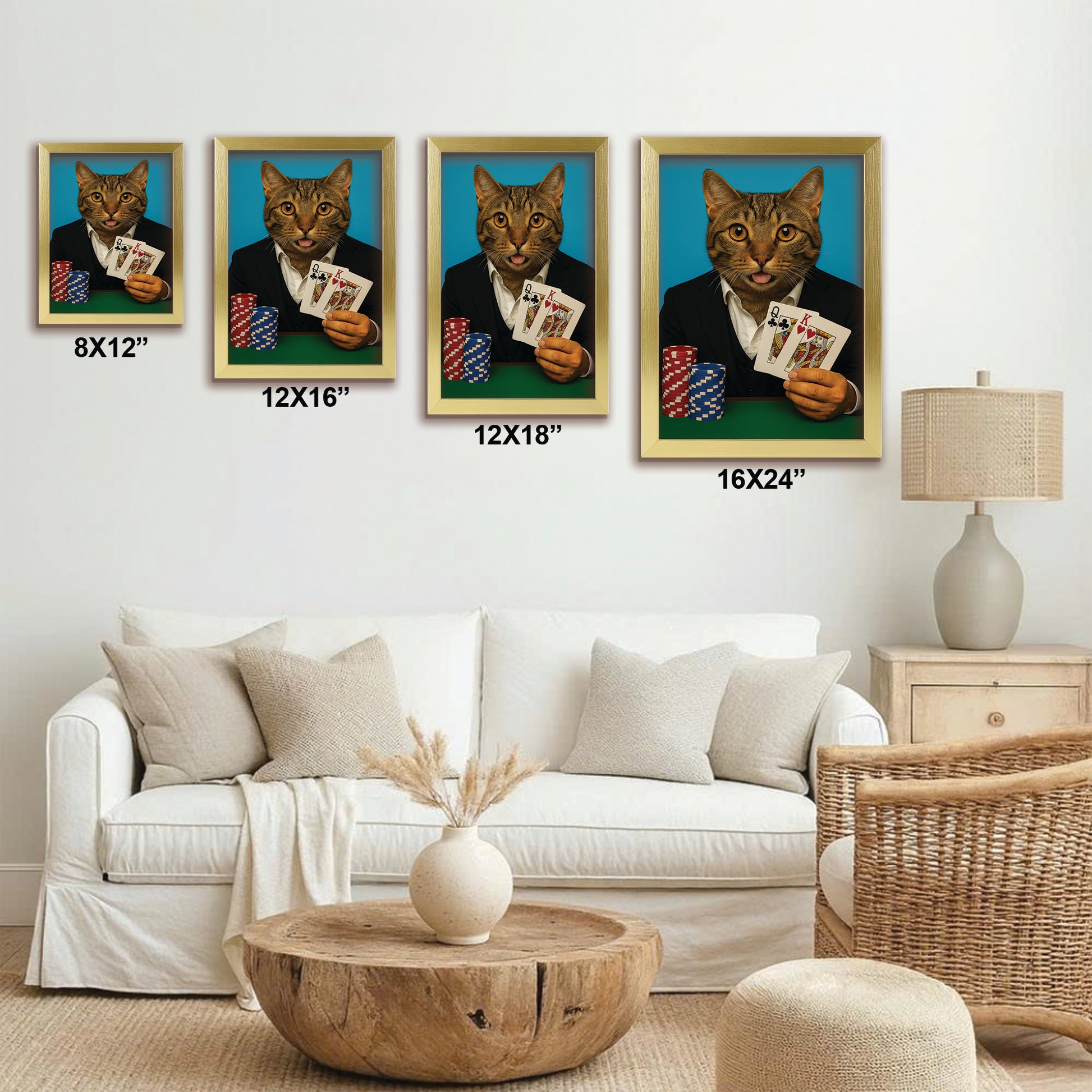 Custom Photo Poker Player Cat Canvas Framed Wall Art Gift For Cat Lovers