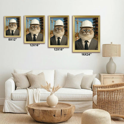 Custom Photo Engineer Construction Cat Canvas Framed Wall Art  Gift For Cat Lovers