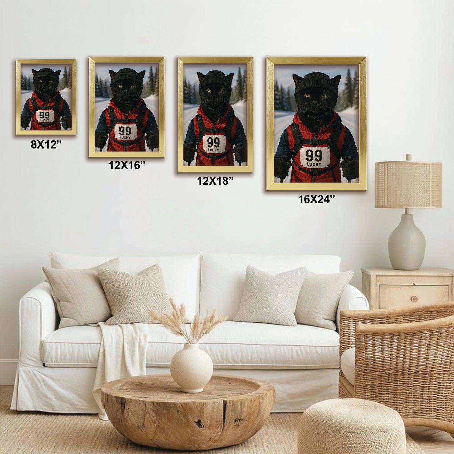 Custom Photo Cross Country Ski Cat Canvas Framed Wall Art Gift For Cat Lovers