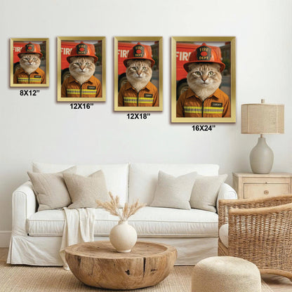 Custom Photo Fire Fighter Cat Canvas Framed Wall Art  Gift For Cat Lovers