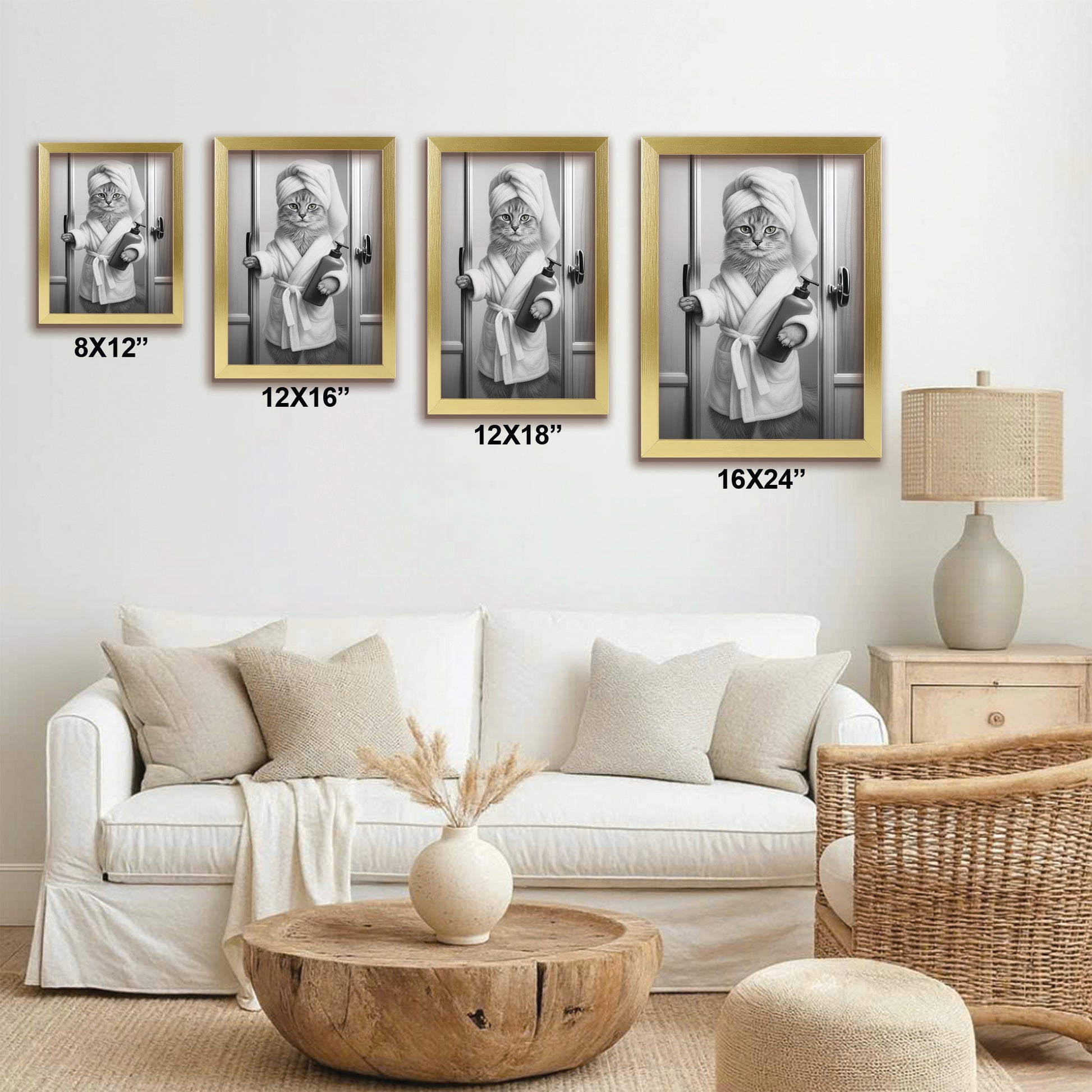 Custom Photo Cat Bathrobe Bathroom Canvas Framed Wall Art Gift For Cat Lovers