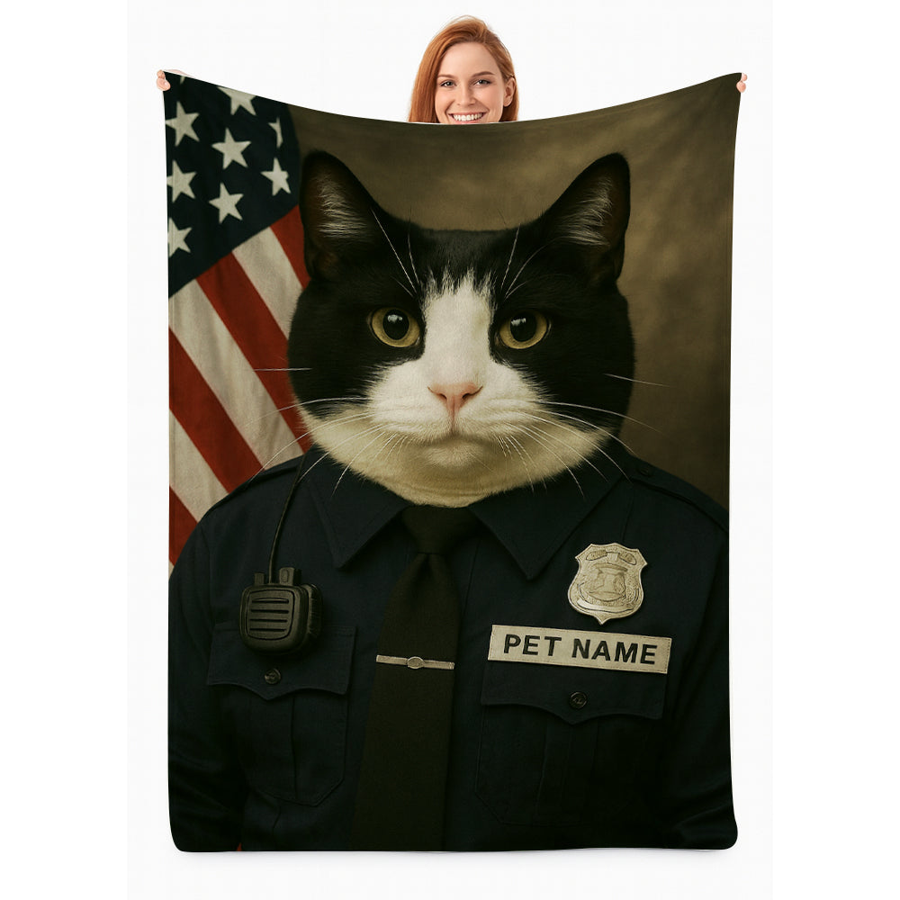 Custom Cat Photo Policeman Blanket _ Gift For Cat Lovers