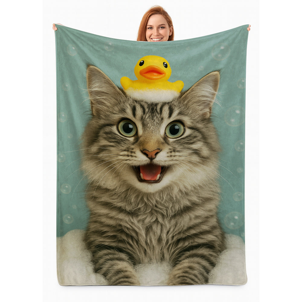 Custom Photo Cat In Bathtub With Duck Toy Blanket