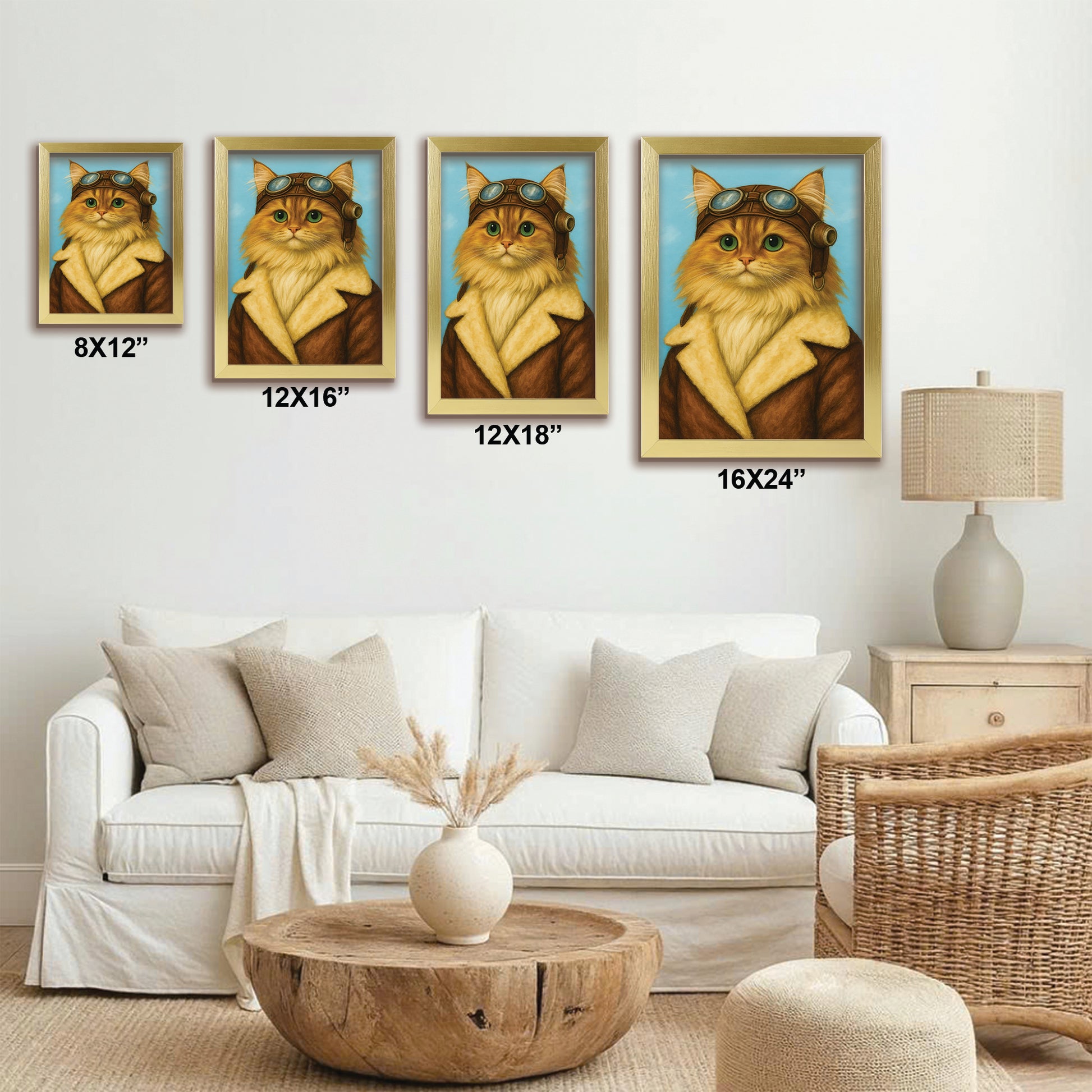 Custom Photo Portrait Pilot Canvas Framed Wall Art Gift For Cat Lovers