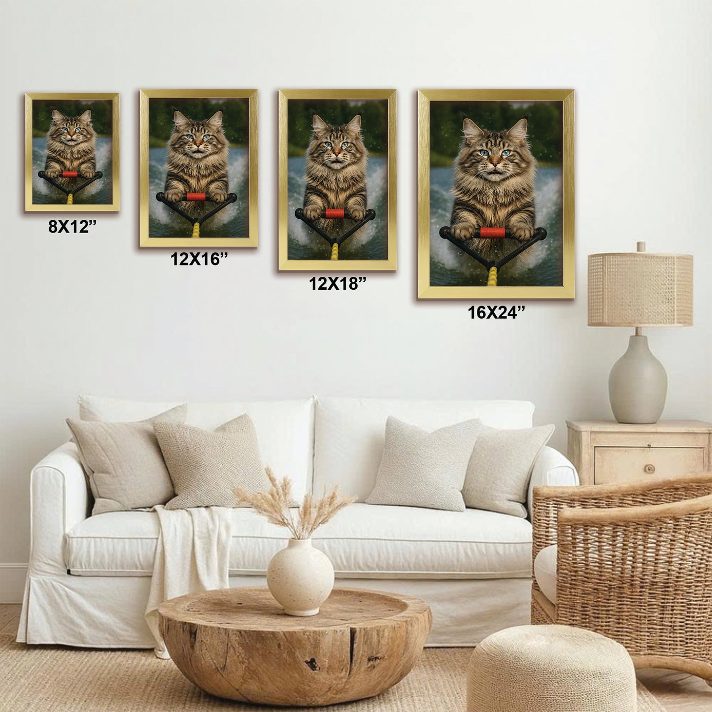 Custom Photo Water Ski Cat Canvas Framed Wall Art Gift For Cat Lovers