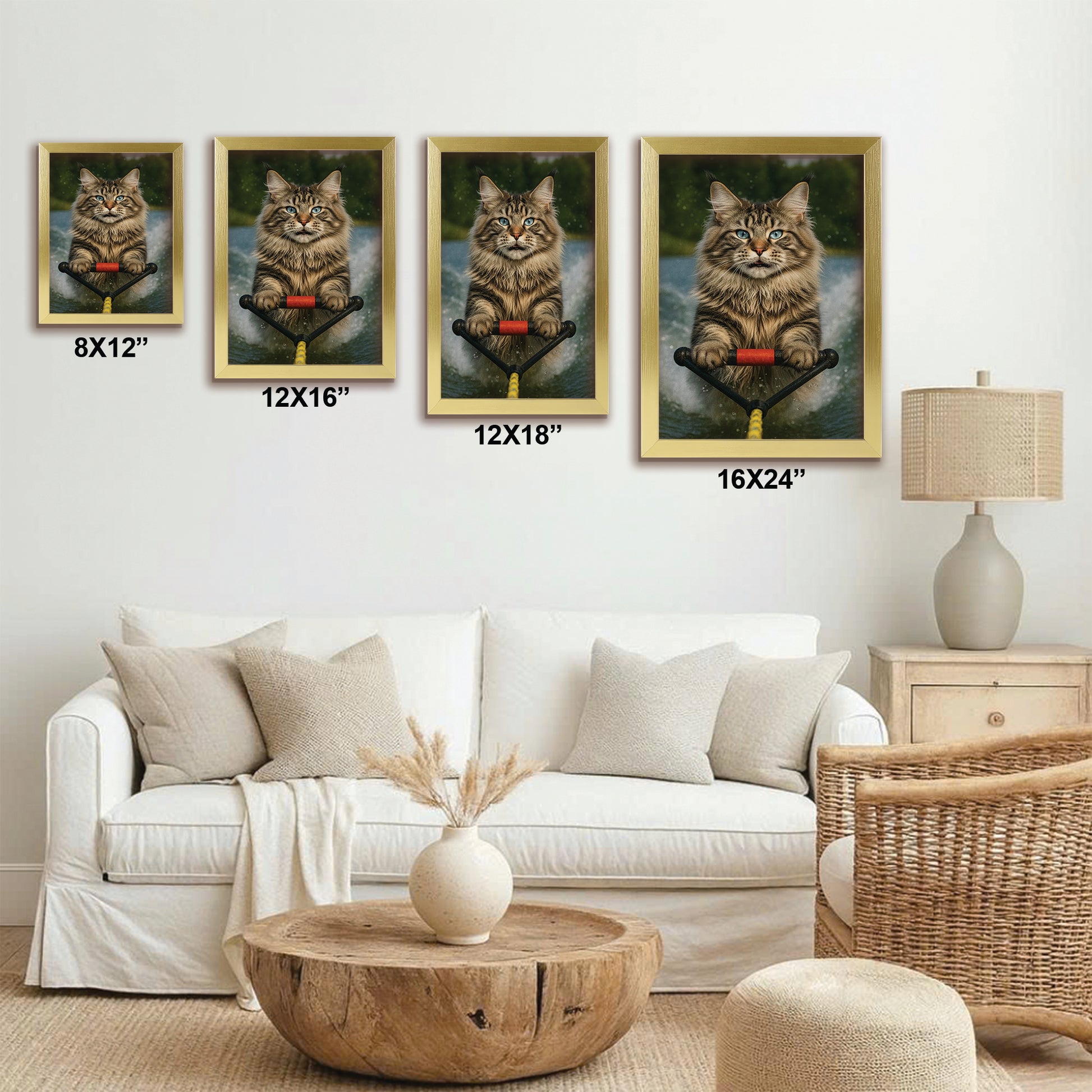 Custom Photo Water Ski Cat Canvas Framed Wall Art Gift For Cat Lovers