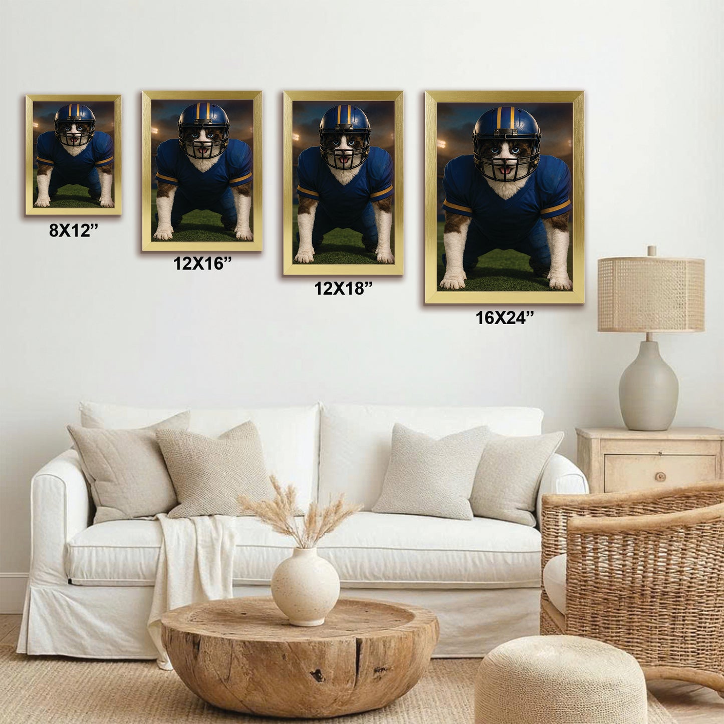 Custom Photo Football Player 2 Cat Canvas Framed Wall Art  Gift For Cat Lovers