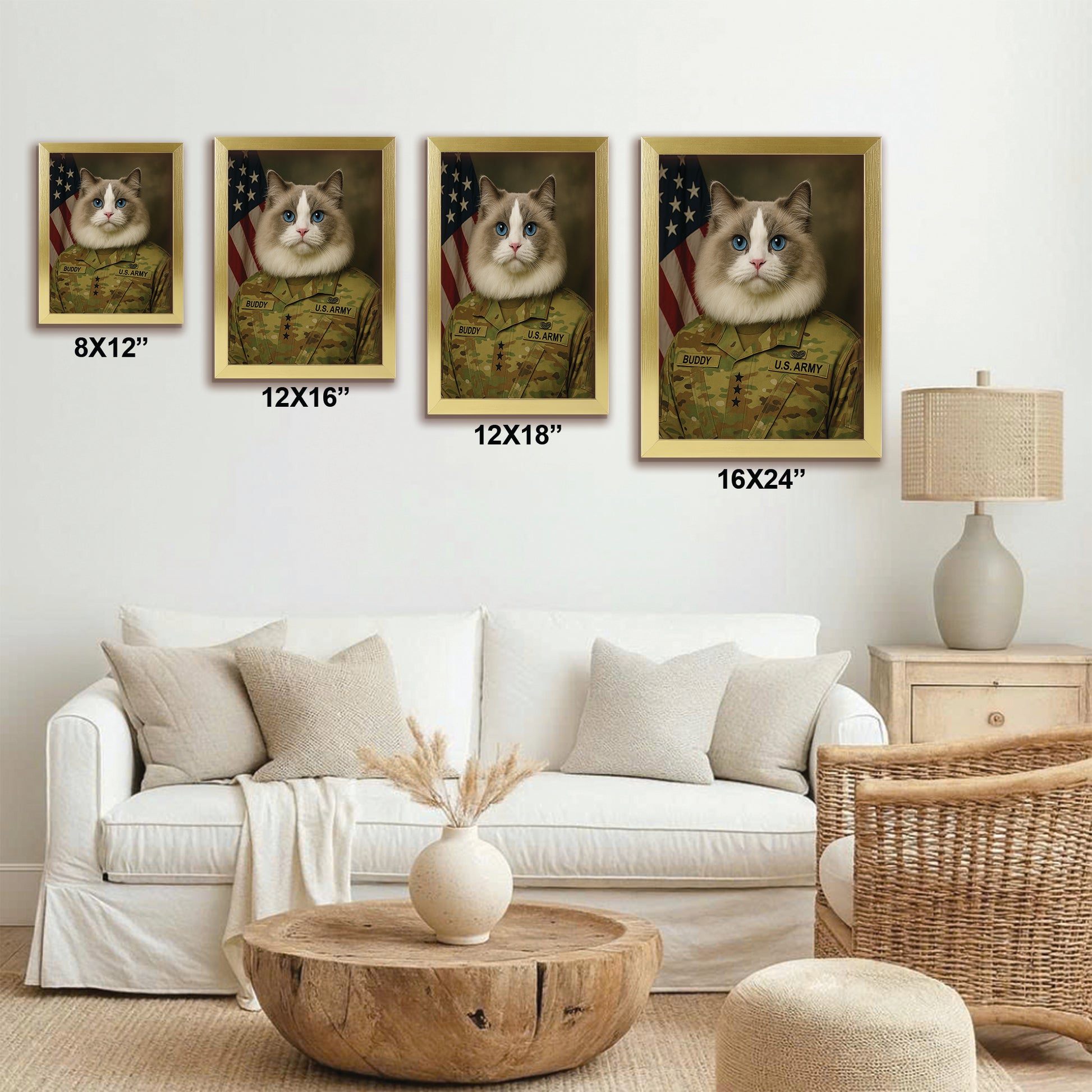 Custom Cat Photo Us Army Canvas Framed Wall Art _ Gift For Cat Lovers